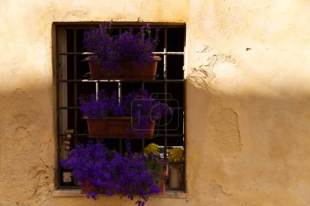 Kleines, mit Blumen geschmücktes Fenster in San Quirico dOrcia, Toskana, Italien. Hochwertiges Foto