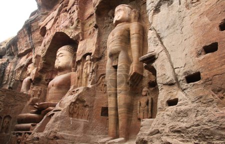 Sacred sculptures carved into rock in Gwalior, India. High quality photo