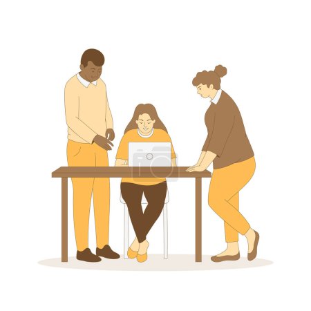 Ilustración de Equipo corporativo que busca computadoras portátiles, lluvia de ideas, colaboración o cooperación - Imagen libre de derechos