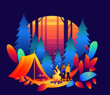 Scène de feu de camp dans la forêt Deux personnes près du feu