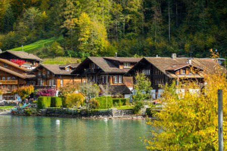 Foto de Magnífico lago Brienzersee en Suiza y pueblos suizos en él - Imagen libre de derechos