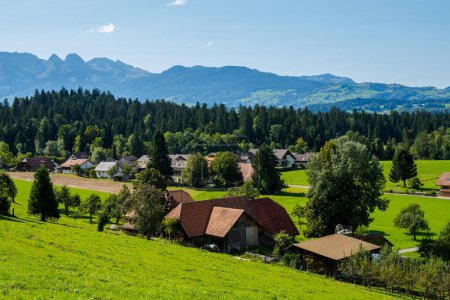 Foto de Increíble pueblo suizo y la naturaleza, rebosante de vegetación, ríos y vacas - Imagen libre de derechos