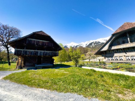 Scenic view of traditional Swiss wooden houses with a backdrop of snowy mountains under a clear blue sky