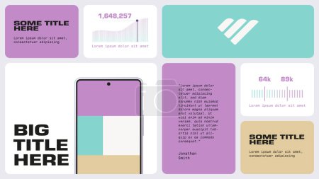 Illustration for Grid layout app presentation template with smartphone screen. Marketing material for social media, advertisement, infographics. Vector illustration. - Royalty Free Image