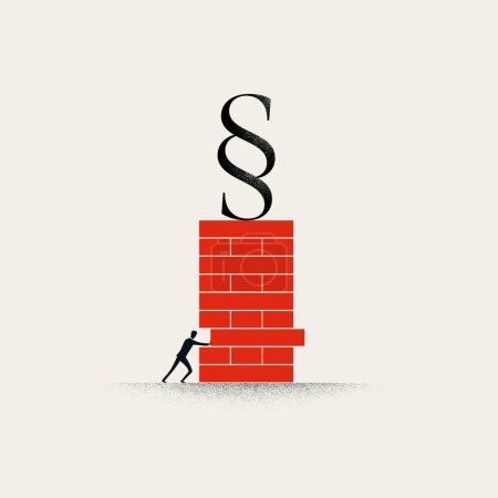 Illustration for Undermine rule of law vector concept. Man pushing building block out of the wall. Minimal design eps10 illustration. - Royalty Free Image