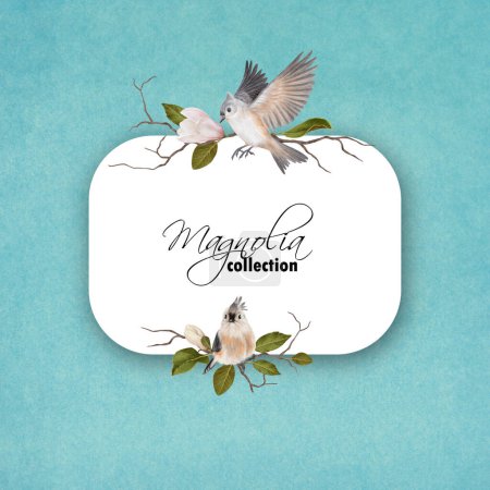 Photo for Magnolia frame and tiny grey bird. Vintage floral background - Royalty Free Image