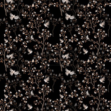 Photo for Chinoiserie seamless pattern with magnolia tree and birds. Black background. - Royalty Free Image