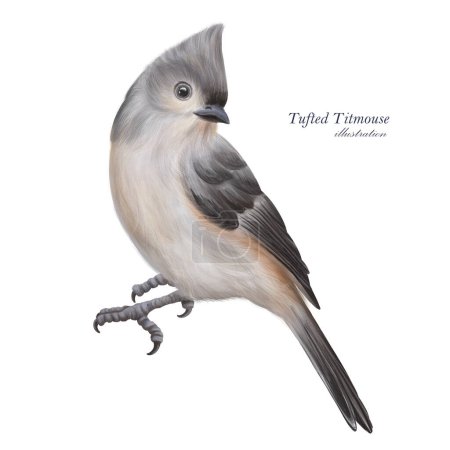 Tufted Titmouse illustration. Hand drawn grey little bird. Bird sitting