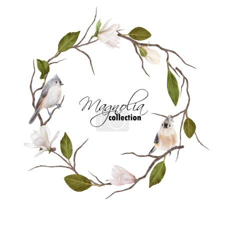 Photo for Magnolia wreath and tiny grey birds. Floral background - Royalty Free Image