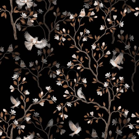 Foto de Chinoiserie seamless pattern with magnolia tree and birds. Black background. - Imagen libre de derechos
