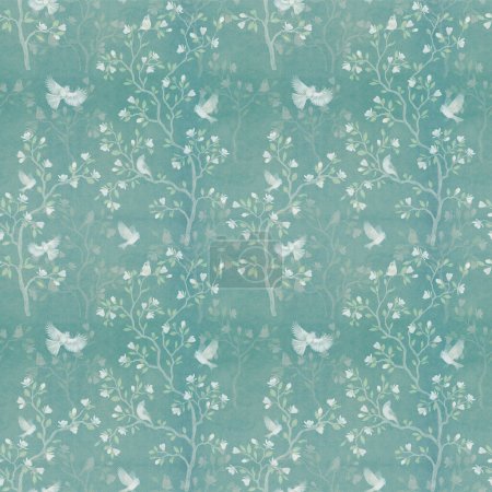 Photo for Seamless pattern with magnolia tree and birds. Turquoise background. - Royalty Free Image