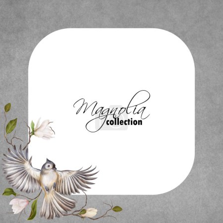 Photo for Magnolia frame and tiny grey bird. Vintage floral background - Royalty Free Image