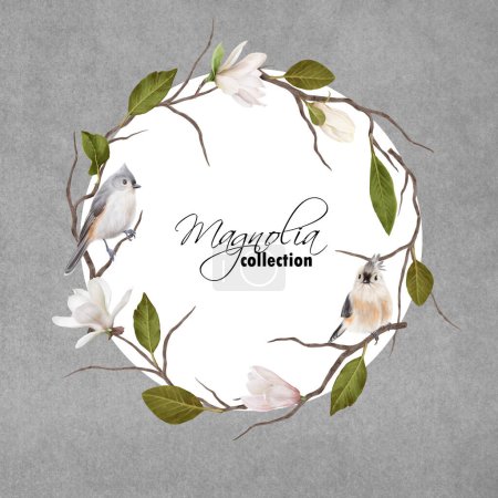 Photo for Magnolia wreath and tiny grey birds. Floral background - Royalty Free Image