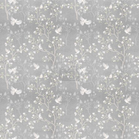 Seamless pattern with magnolia tree and birds. Grey background.