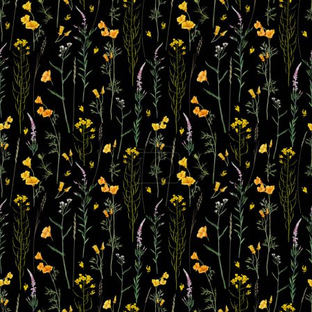 Meadow flowers and herbs  seamless pattern. Field rapeseed. Yellow meadow floral background.