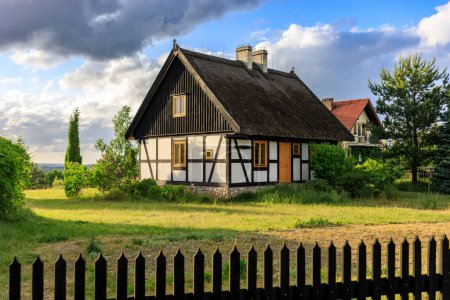 Village hut in Zawory, Kashubian region, Poland-stock-photo