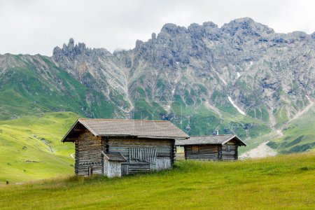 Téléchargez les photos : Cabanes dans la vallée des montagnes de l'Alpe di Suisi au Tyrol du Sud, Italie. - en image libre de droit