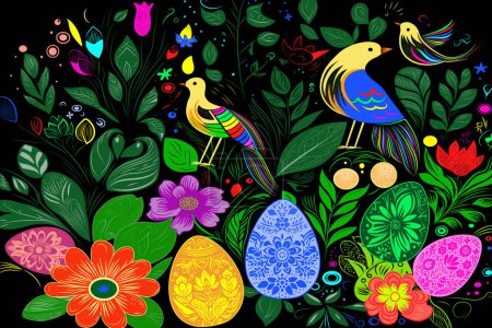 Osterillustration mit folkloristischen Mustern. Illustration mit bunten Blumen, Vögeln und Ostereiern, Ostern, Volksmustern. Bunte Grafik.