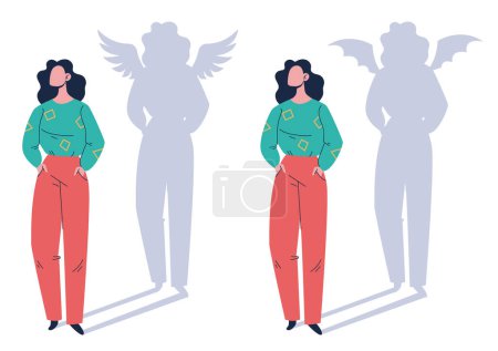 Téléchargez les illustrations : Personnage personnage avec diable ange ombre concept. Illustration graphique vectorielle plate - en licence libre de droit