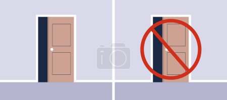 Téléchargez les illustrations : Gardez près de la porte panneau d'entrée concept de sortie. Illustration graphique vectorielle plate - en licence libre de droit