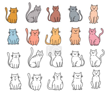 Ilustración de Gato mascota lindo animal carácter dibujo doodle línea arte aislado conjunto. ilustración de diseño gráfico plano vectorial - Imagen libre de derechos