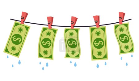 Money laundry dirty wash clothesline banknote clean concept. Vector flat graphic design illustration 