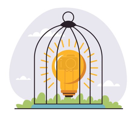 Téléchargez les illustrations : Idée de créativité d'entreprise enfermé dans le concept de cage. Illustration graphique vectorielle plate - en licence libre de droit