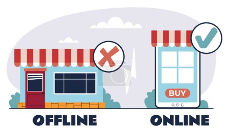 Ilustración de Offline tienda en línea tienda de negocios concepto de comercio de aplicaciones. ilustración de diseño gráfico plano vectorial - Imagen libre de derechos