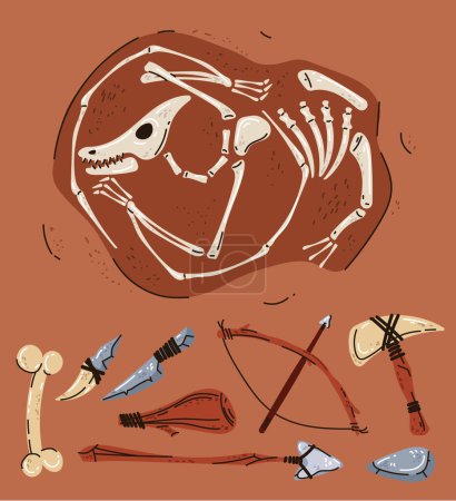 Téléchargez les illustrations : Dinosaur fossile paléontologie squelette archéologie jurassique ancien concept. Illustration graphique vectorielle plate - en licence libre de droit
