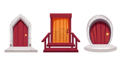 Téléchargez les illustrations : Portes maison de jeu porte vue de face ensemble isolé. Illustration graphique vectorielle plate - en licence libre de droit