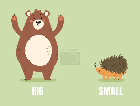 Kleine große unterschiedliche Größe vergleichen Cartoon Animal Konzept. Vektorebene Grafik-Design-Illustration