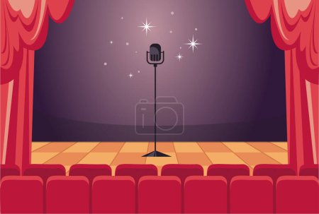 Illustration for Stage theater red scene with microphone curtain concept. Vector flat graphic design illustration - Royalty Free Image