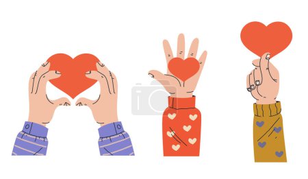 Ilustración de Mano de corazón caridad voluntario ayuda conjunto aislado. ilustración de diseño gráfico plano vectorial - Imagen libre de derechos