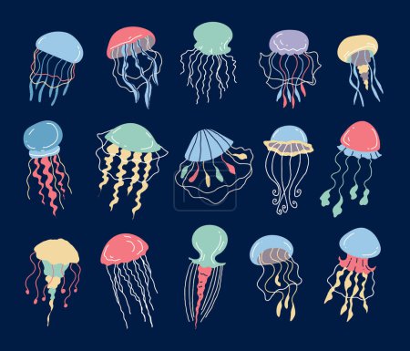 Ilustración de Medusa medusa medusa gelatina marina animal submarino fauna marina aislado conjunto. ilustración de diseño gráfico plano vectorial - Imagen libre de derechos