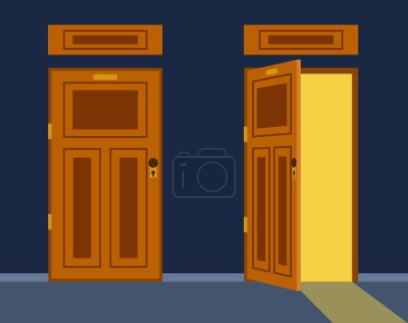 Ilustración de Puerta abierta habitación oscura luz puerta de entrada concepto de salida. ilustración de diseño gráfico plano vectorial - Imagen libre de derechos