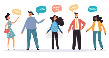 Illustration for People multilingual greeting hello talk different language concept. Vector flat graphic design illustration - Royalty Free Image