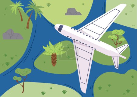 Illustration for Airplane fly above map landscape land field sea concept flat graphic design illustration - Royalty Free Image