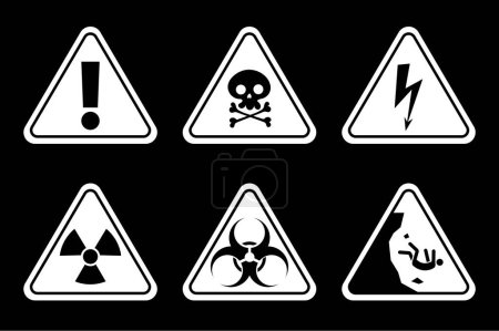 Foto de Advertencia pictograma peligro seguridad amarillo señal aislado conjunto. ilustración de diseño gráfico plano vectorial - Imagen libre de derechos