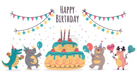Ilustración de Cumpleaños animal lindo fiesta niño celebración concepto. ilustración de diseño gráfico plano vectorial - Imagen libre de derechos