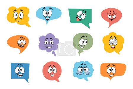 Foto de Discurso burbujas de redes sociales con la cara de chat personaje conjunto aislado. ilustración de diseño gráfico plano vectorial - Imagen libre de derechos