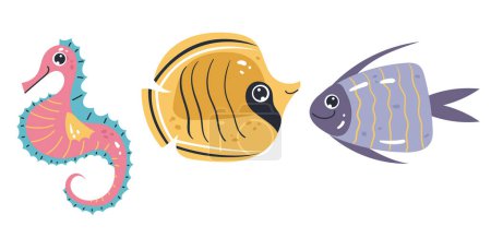 Foto de Océano mar lindo peces personajes conjunto aislado bajo el agua. ilustración de diseño gráfico plano vectorial - Imagen libre de derechos