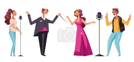 Ilustración de Músicos personajes cantan canción tocando música conjunto aislado. ilustración de diseño gráfico plano vectorial - Imagen libre de derechos