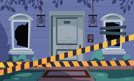 Illustration for Abandoned house fasade crime criminal scene yellow tape zone concept. Vector flat graphic design illustration - Royalty Free Image