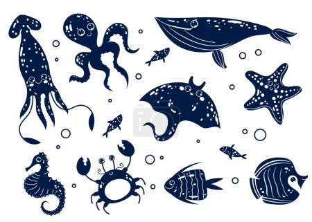 Téléchargez les illustrations : Mer océan mignon animaux sous-marins personnages ensemble isolé. Illustration graphique vectorielle plate - en licence libre de droit
