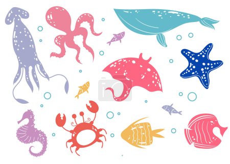 Ilustración de Mar océano lindo animal bajo el agua personajes aislados conjunto. ilustración de diseño gráfico plano vectorial - Imagen libre de derechos