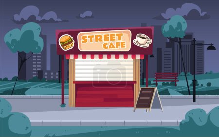 Téléchargez les illustrations : Café fermé la nuit soir ville concept de ville. Illustration graphique vectorielle plate - en licence libre de droit