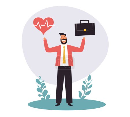 Illustration for Work and heart health scale balance wellbeing management decision concept. Vector flat graphic design illustration - Royalty Free Image