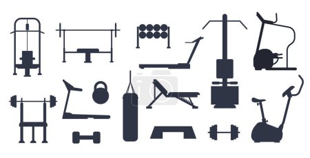 Illustration for Gym equipment silhouette exercise workout accessories isolated set. Vector flat graphic design illustration - Royalty Free Image