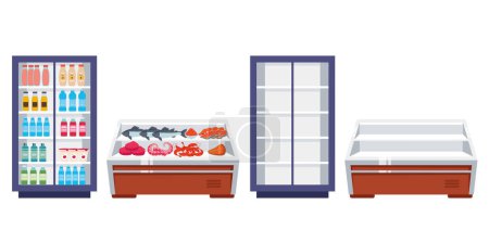 Téléchargez les illustrations : Produit alimentaire épicerie réfrigérateur vide et concept complet. Illustration vectorielle d'élément de conception graphique de dessin animé - en licence libre de droit