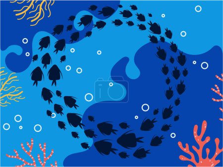 Illustration for Fish shoal sea curve flow silhouette water marine aquatic life concept. Vector cartoon graphic design element illustration - Royalty Free Image